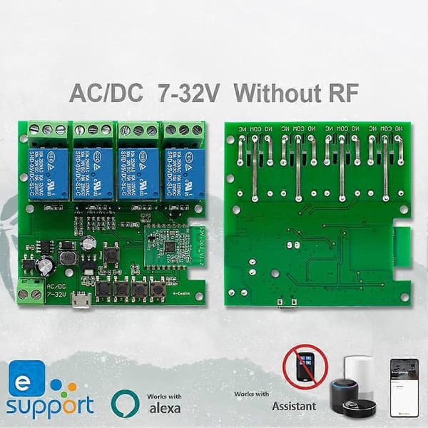4CH Smart Switch Modul 7-32V 10A Relæer Trådløs WIFI Fjernbetjening Selvspærrende og Timing Ewelink APP Controller Green
