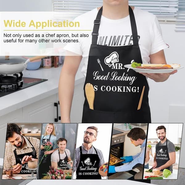 Funny Aprons for Men, MR Good Looking is Cooking, Professional Kitchen Apron Chef Man Bib Aprons with Double Pockets Adjustable