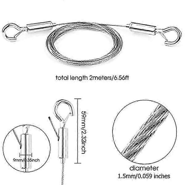 Kraftig rustfritt stål wiretau 2M X1.5Mm, justerbart bildeopphengsett med 2 stk speilrammebeslag Silver