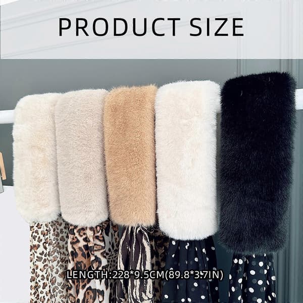 Furry Plysj Skjerf Wrap for Vintervarme med Elegant Leopardtrykk Silkebånd Patchwork Langt Halskjede for Kvinner Hvit Apricot