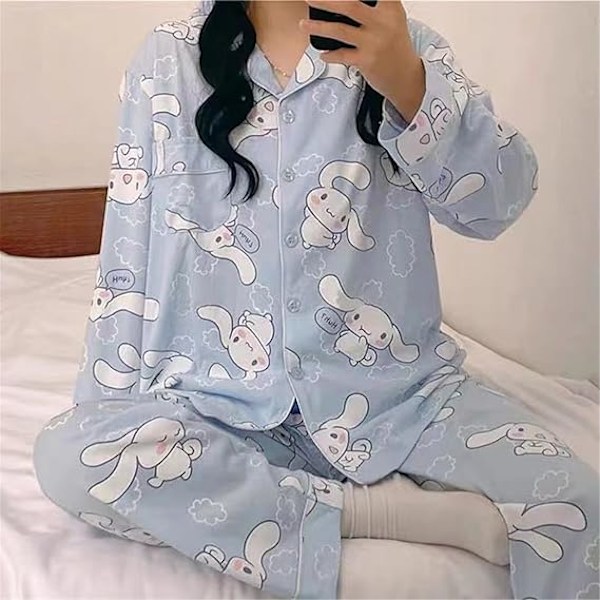Kawaii Cartoon Pyjamas för Kvinnor och Flickor Långärmad Skjorta med Pyjamabyxor Sovkläder Hemkläder 2-delad Pyjamasuppsättning Cinnamoroll M
