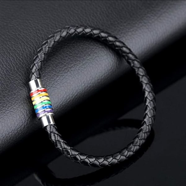 Flettet skinnarmbånd, svart armbånd, rustfritt stål, regnbuearmbånd LGBT Pride Happy Pride, unisex for menn og kvinner