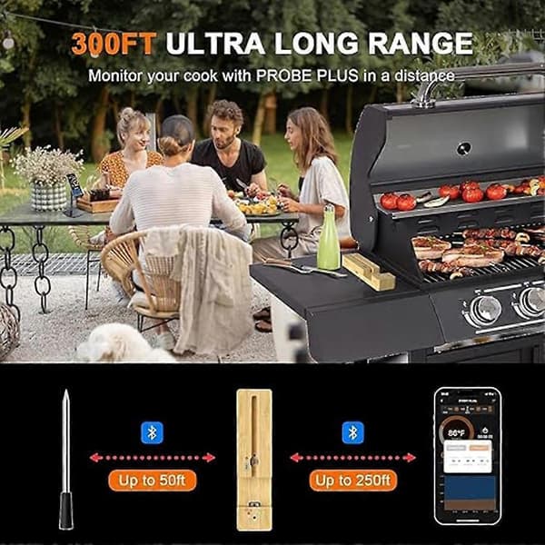 300FT Smart Kødtermometer Trådløst-Bluetooth Kødtermometer til Grill og Rygning, Probe Holder Op til 16 Timer