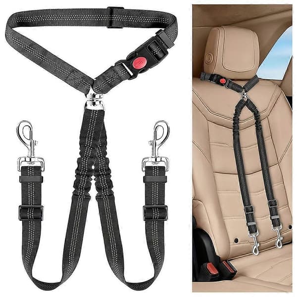 Hundsäkerhetsbälte för bil, justerbart hundsele med elastisk bungee-buffert, 2-i-1 husdjursfäste för hundsäkerhet Black