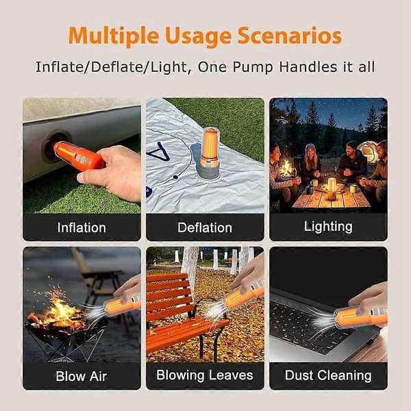 Luftpumpe til oppustelige genstande, Mini luftmadraspumpe med campinglys, Pool flydepumpe, Oppustning og tømning til luftmadras Orange