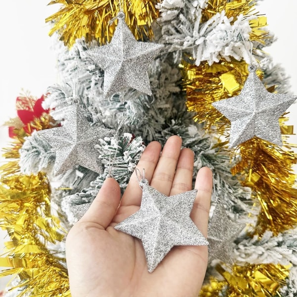 6 st silverstjärnor julgranshängande prydnader med snöre, glitterprydnader för julgransdekoration, silverglitterstjärna 7 cm