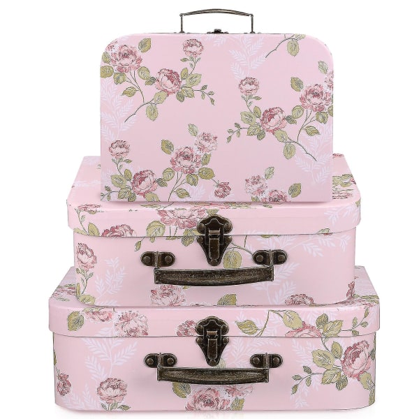 3 st kartong resväskor Print Blomma förvaring presentförpackning med metallhandtag för bröllopsfödelsedag