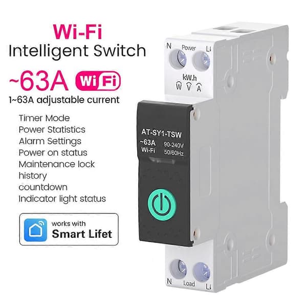 TUYA WIFI Smart afbryder strømmåler Smart Switch 1P 63A DIN-skinne til Smart Home WIFI med måling With