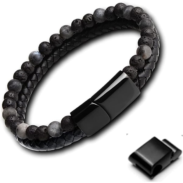 Original men's wristband, with 6mm natural stone beads and leather, with detachable stainless steel magnetic fastener