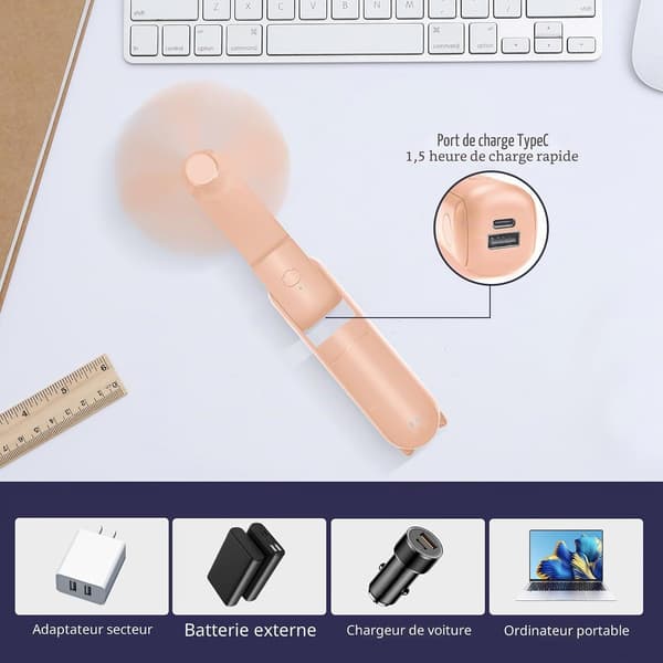 Mini bærbar ventilator, foldbar håndholdt rystende USB bærbar ventilator, (pink)