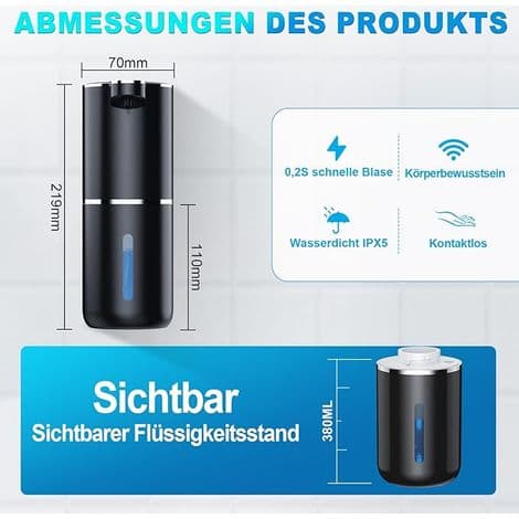 Automatisk svart tvåldispenser (1 st) - 380 ml - med sensor - USB-uppladdningsbar