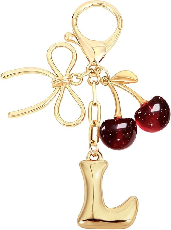 Bokstaven L berlock med rosett och körsbär, söt handväskaccessoar (rosa version)