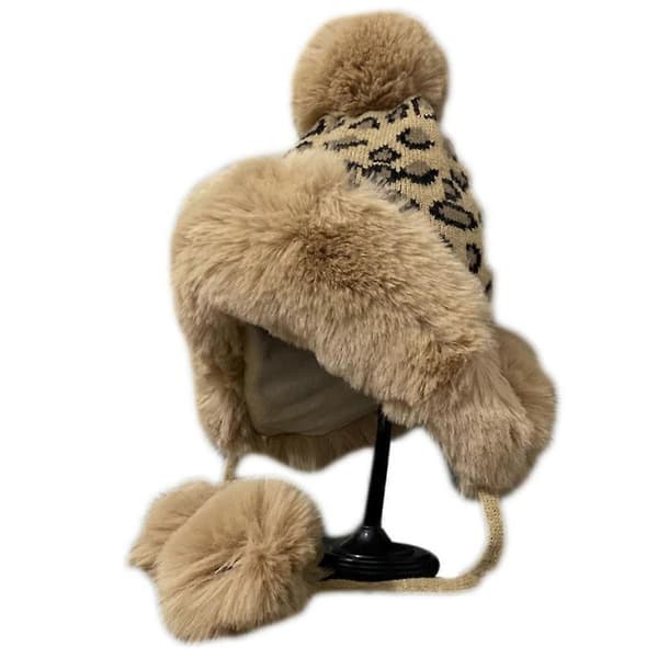 Handstickad Leopardmönstrad Mössa Varm Ullstickad Hatt Flätad Stickad Hatt Utomhustrend Casual Varm Hatt Höst Vinter Rosa Khaki