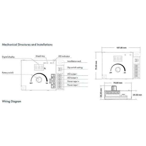 V1-K LED Controller Lysdæmper 12V 24V PWM Lysdæmperkontakt 20A Frekvensjusterbar LED Strip Lysdæmper til Belysningsmoduler Noir