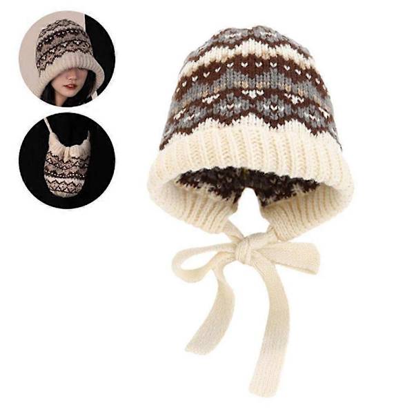 Stickad Mössa Dam Retro Vinter Balaclava Mössa Beige
