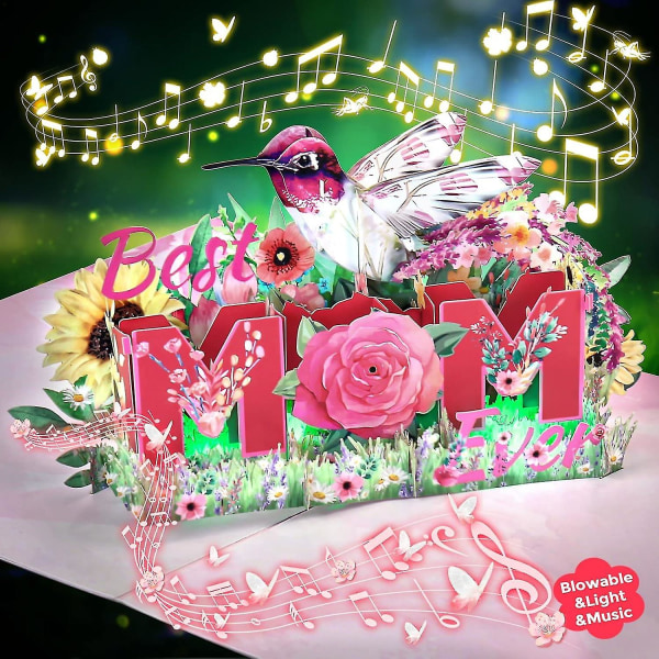 Mors dag Pop Up-kort, Lätt musik Blåsbara 3D-hälsningskort för mamma, Pop Up Blombukettkort Glad Mors Dag G för mor/tjej present SWHY