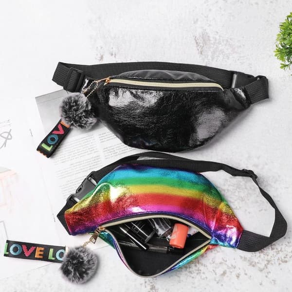 Kvinnors coola midjeväska med paljetttryck, glitter och telefonficka rainbow