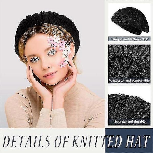 Dame Strikket Lue Svart Beret Vinterstrikk