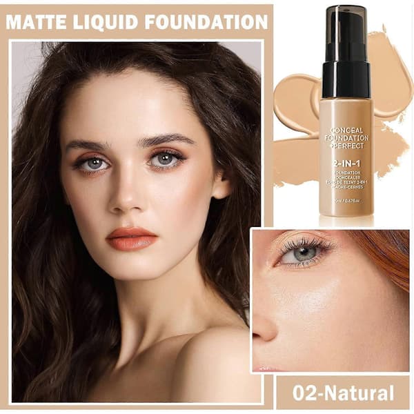 Concealer Full Coverage Foundation for Mature Skin, Oil Control Matte 2 in 1 Concealer Liquid Foundation Makeup Waterproof Base Color 02