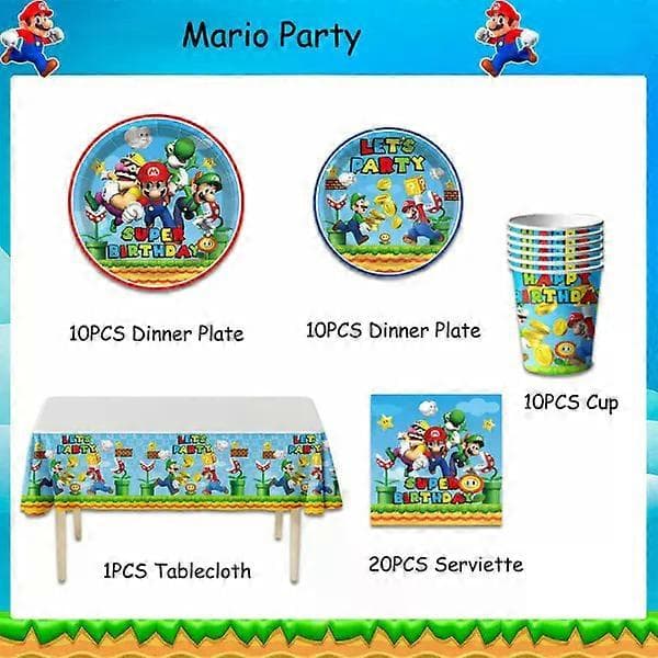 Mario tema festdekorasjon rekvisitter engangstallerkener servietter duk sett