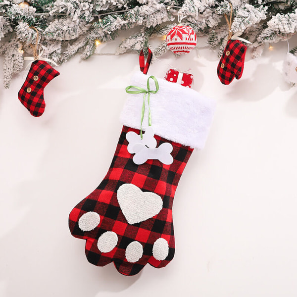 Julestrømper Rød og sort plaid hundepotestrømpe Hængende juletræsgavepose Slikpose Juletræspynt tilbehør, Model: Rød