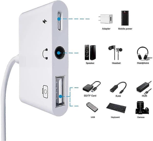 3-i-1 USB hunn OTG ladeadapter med 3,5 mm lydjack-splitter for iPhone/iPad som kombinerer strøm og lyd