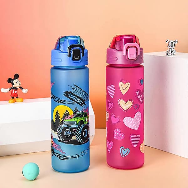 Vattenflaskor för barn, 700 ml söt dricksflaska med snodd för pojkar flickor Rose Red Heart