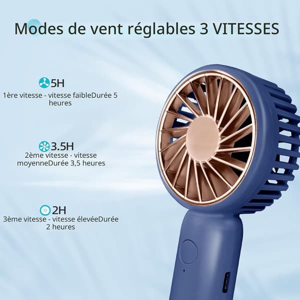 Mini bærbar ventilator, kraftig bordventilator med løkke (blå)
