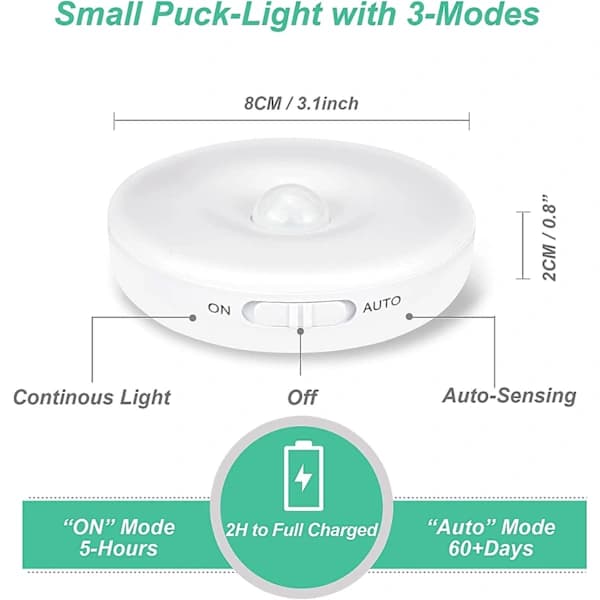 Automatisk LED-nattlys, innendørs bevegelsessensorlys, trådløst LED-lys, 3 moduser (Auto/På/Av), LED-skaplys, USB oppladbart lys