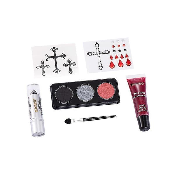 Halloween vampyr makeup sæt, Halloween make-up sæt til voksne, Halloween make-up med kunstigt blod, ansigtsmaling, sort læbestift 2 Set