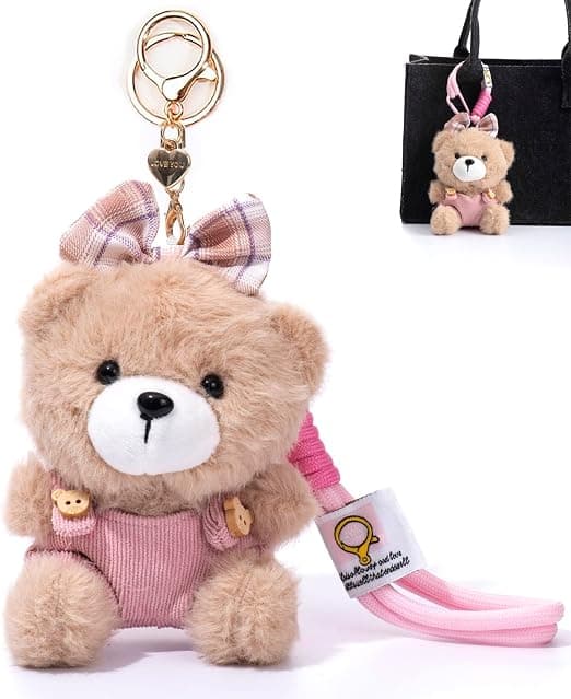Søt bamse nøkkelring – Bamse nøkkelring med sløyfe (rosa)