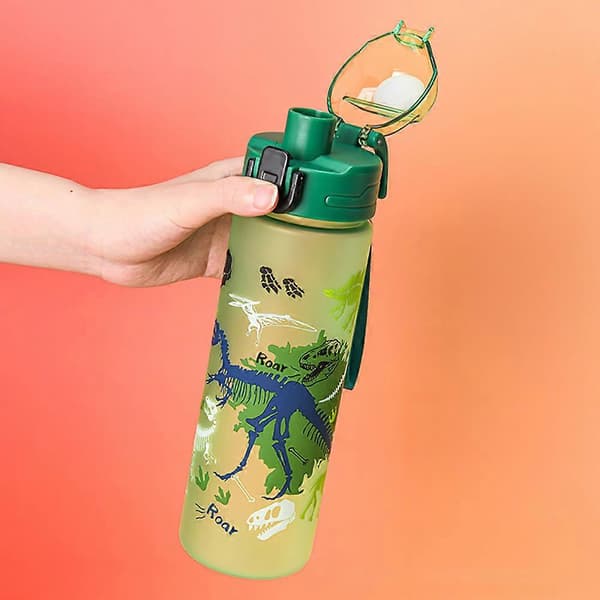 Vattenflaskor för barn, 700 ml söt dricksflaska med snodd för pojkar flickor Green Dinosaur