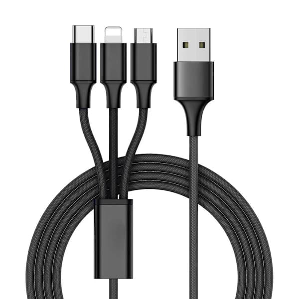 Lader - Multi-ladekabel 3-i-1, USB-C, Micro-USB, iPhone-kompatibel - 1,2m Svart