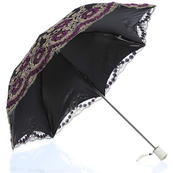 Hopfällbart UV-parasoll Snö/Regn/Solparasoll Broderi Bröllopsparaply Black