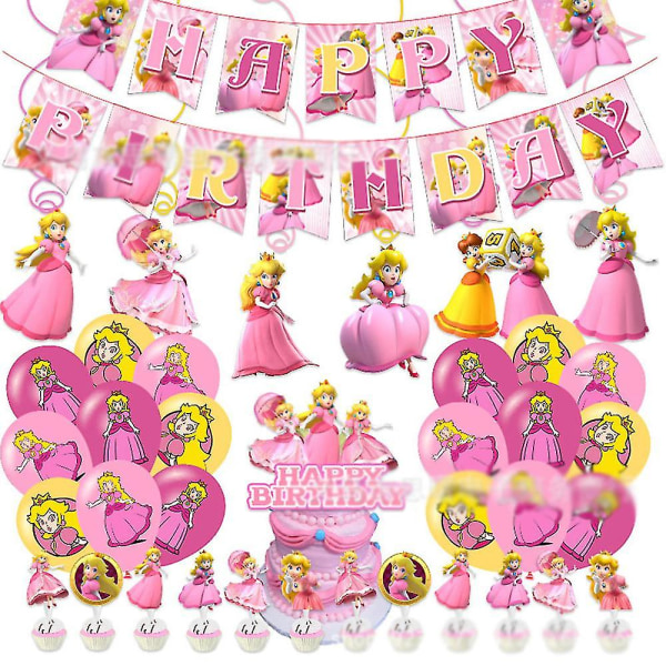 Princess Peach Tema Barn Flickor Födelsedagsfest Dekorationer Ballonger Set Banner Swirls Tårta Cupcake Toppers