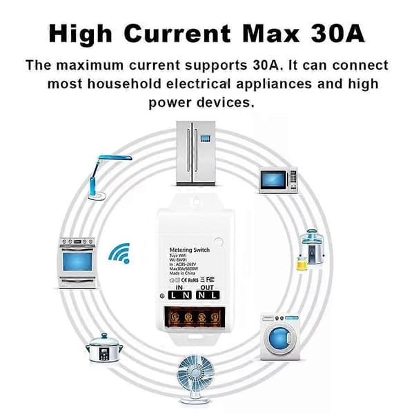 Tuya WiFi 30A Relémodul 85-265V Smartbryter med Strømovervåking Hjemmeautomasjonskontroller for Alexa Google Home