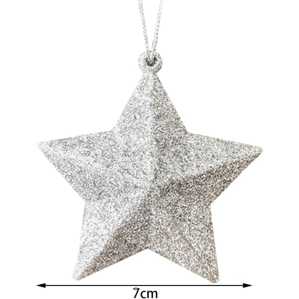 6 st silverstjärnor julgranshängande prydnader med snöre, glitterprydnader för julgransdekoration, silverglitterstjärna 7 cm