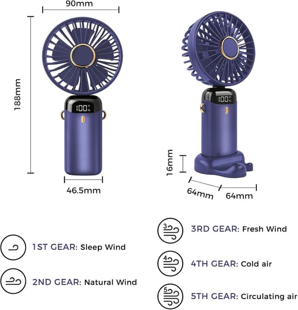 Bærbar USB genopladelig ventilator, 5 hastigheder, sammenfoldelig mini bordventilator (lilla)