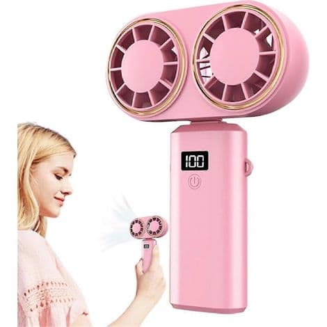 Bærbar USB genopladelig ventilator, dobbelt ventilator, digitalt display, genopladeligt batteri, pink