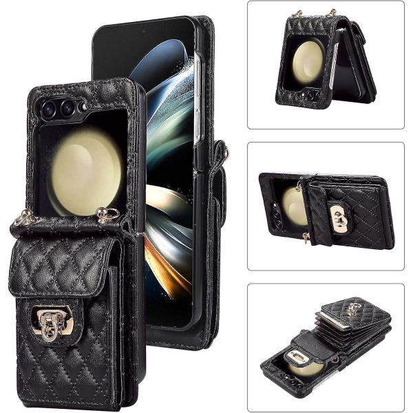 Galaxy Z Flip 5 Wallet Case, Crossbody blødt læderetui til Samsung Galaxy Z Flip 5 med 6 kortpladser Black