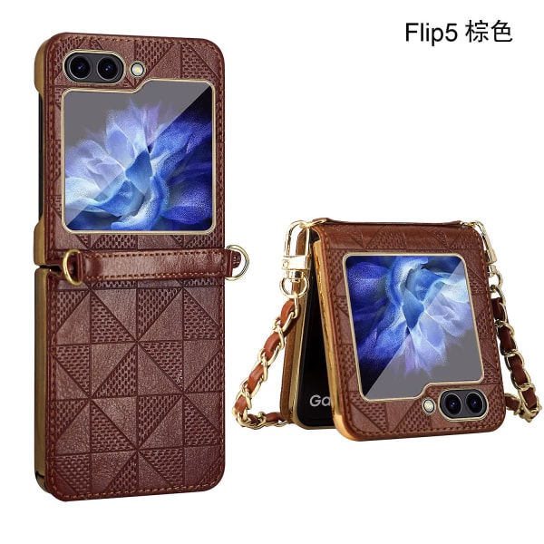 Z Flip 5 Case, Pu - Case Yhteensopiva Samsung Galaxy Z Flip 5 Takana näytönsuojalla ja hihnalla ja saranasuojalla Brown