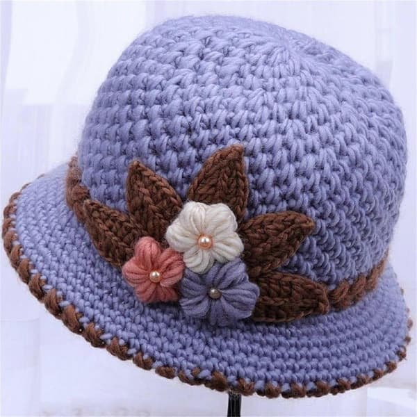 Vinter Dame Blomster Strikket Ullhatt Ørebeskyttelse Ullhatt For Eldre Strikket Hatt StretchFit GY