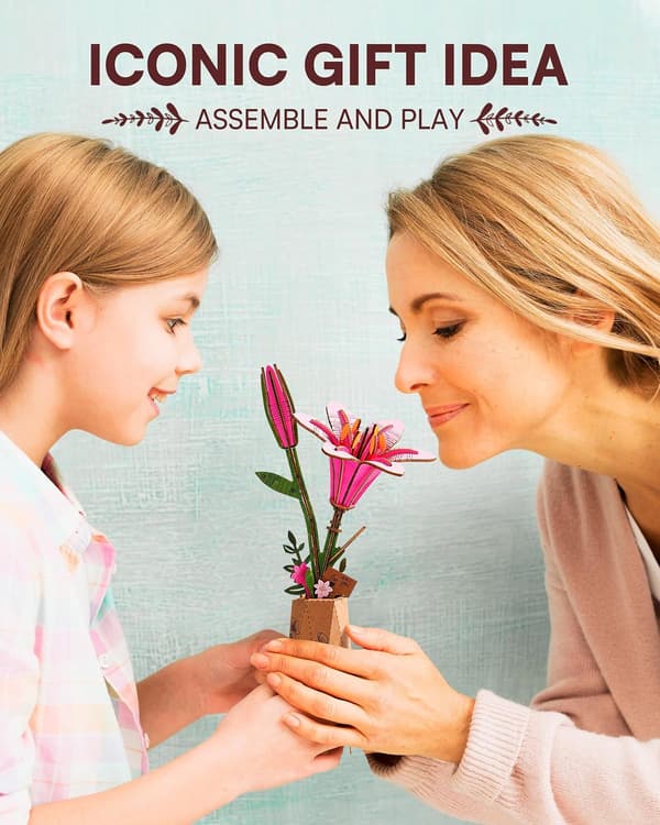 3D träpussel med blommor, trämodell att montera för vuxna (rosa lilja)