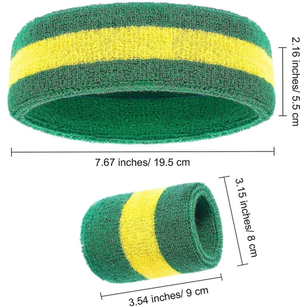 3 osaa set, sisältää urheilupäänauhan ja rannenauhan raidallisen hikinauhan urheilullisille miehille ja naisille Green and Yellow