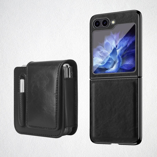 Case Samsung Galaxy Z Flip 5:lle vyöpidikkeellä, Z Flip 5 case näytönsuojalla, nahkainen vyöpidike puhelinkotelo black