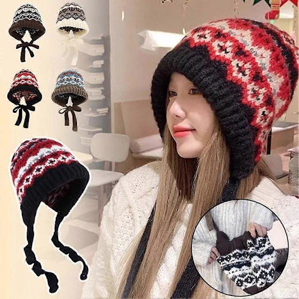 Stickad Mössa Dam Retro Vinter Balaclava Mössa Khaki