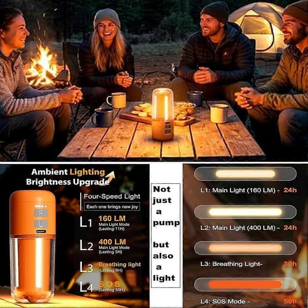 Luftpumpe til oppustelige genstande, Mini luftmadraspumpe med campinglys, Pool flydepumpe, Oppustning og tømning til luftmadras Orange