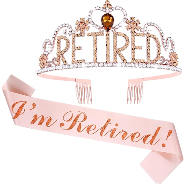 Retirement Party Decorations Retirement Gifts for Women, Retired Crown Tiara & Sash, Crystal Crown for Women Happy Retirement Party  (Pink)