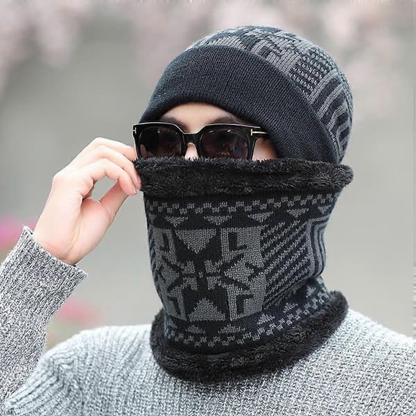 Skjerf- og hattsett for menn, vintervarme, 3 stk. svart strikket hodeplagg Black M