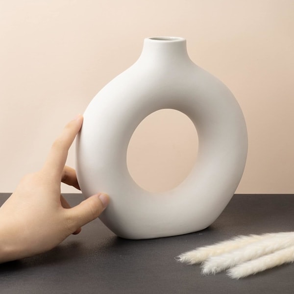 Off White Keramisk Donut Vas, Pampasgräsvas, Modern Vas för Heminredning, Vas för Pampasgräs Stor
